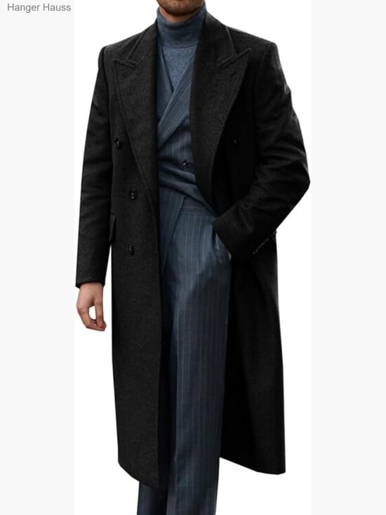 Men's Wool Blend Double Breasted Trench Coat Long Overcoat Classic Peacoat